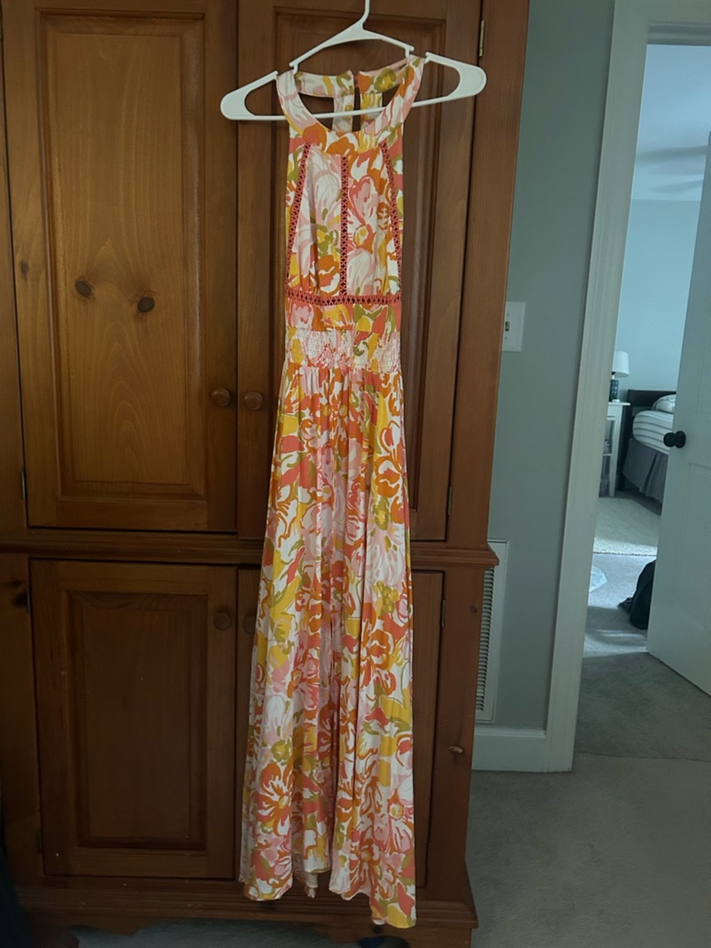 Anthropologie Floral Backless Maxi Dress in Pink, Orange, Yellow